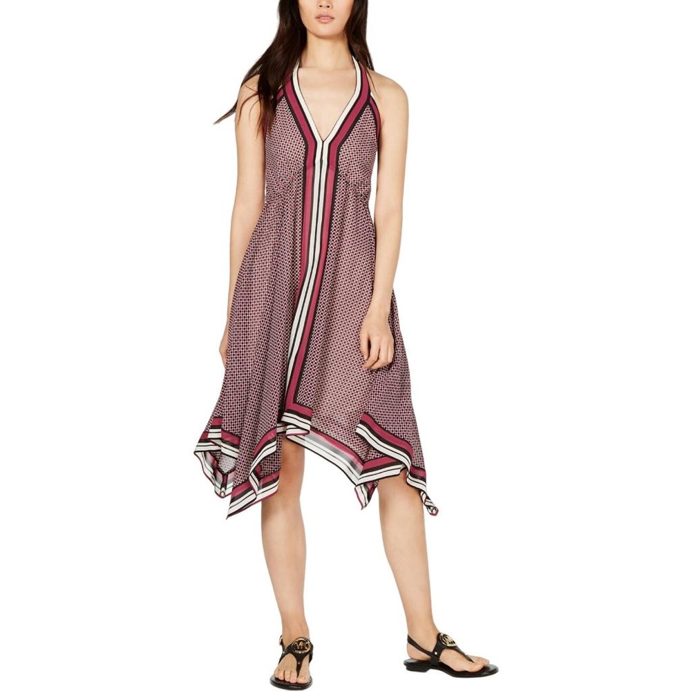 Michael Michael Kors Womens Printed Border Stripe Cocktail Dress Bone Garnet XS
